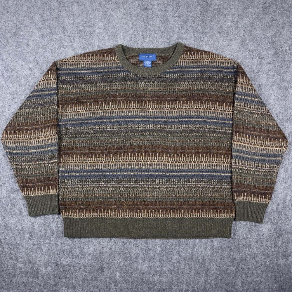 Vintage Towncraft Sweater Mens XL Green Multi Pattern Fair Isle Acrylic Knit